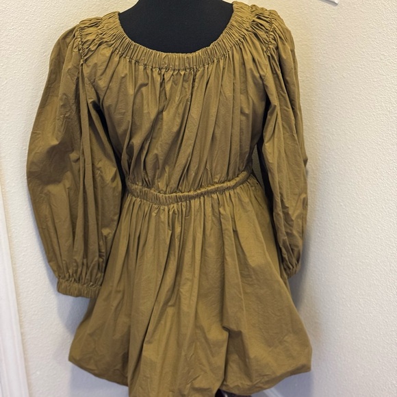 Ulla Johnson Martine Olive Green Fit Flare Puff Sleeve Off Shoulder 8 $325 - Picture 2 of 10